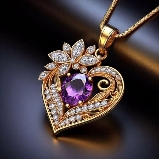 Exotic Heart Violet Crystal Gold Necklace