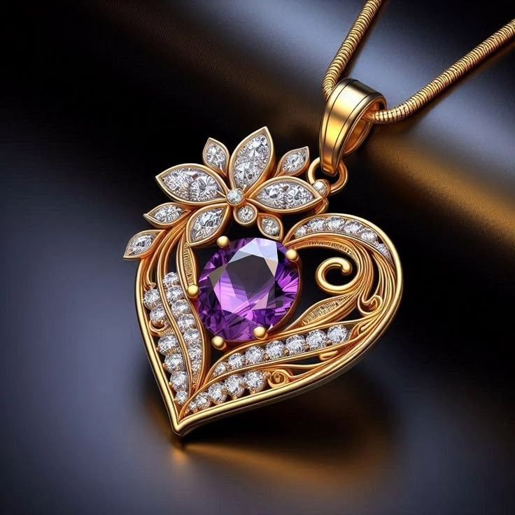Exotic Heart Violet Crystal Gold Necklace