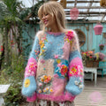 Women's Floral Embroidery Patchwork Art Cozy Knit Sweater artswardrobe