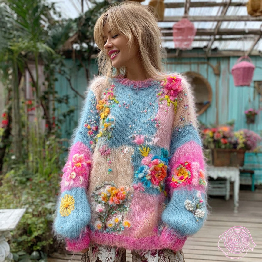 Women's Floral Embroidery Patchwork Art Cozy Knit Sweater artswardrobe