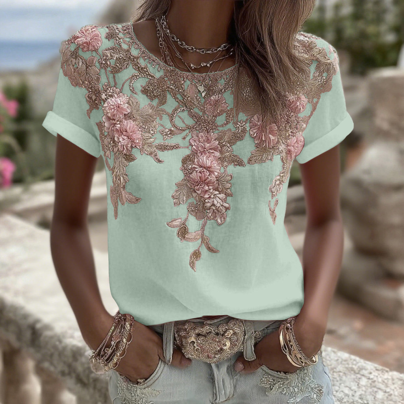 Women's Vintage Pink Rose Embroidery Art Round Neck Short Sleeve Linen Blend T-shirt artswardrobe