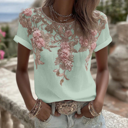 Women's Vintage Pink Rose Embroidery Art Round Neck Short Sleeve Linen Blend T-shirt artswardrobe