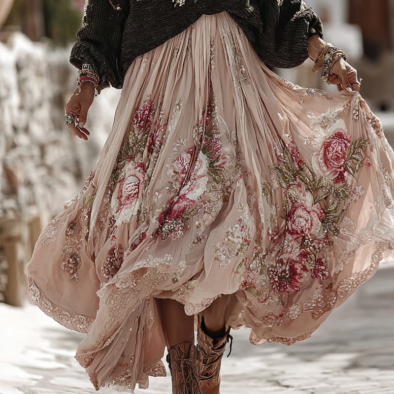 Wool Turtleneck with Pink Rose Embroidery and Mesh Skirt