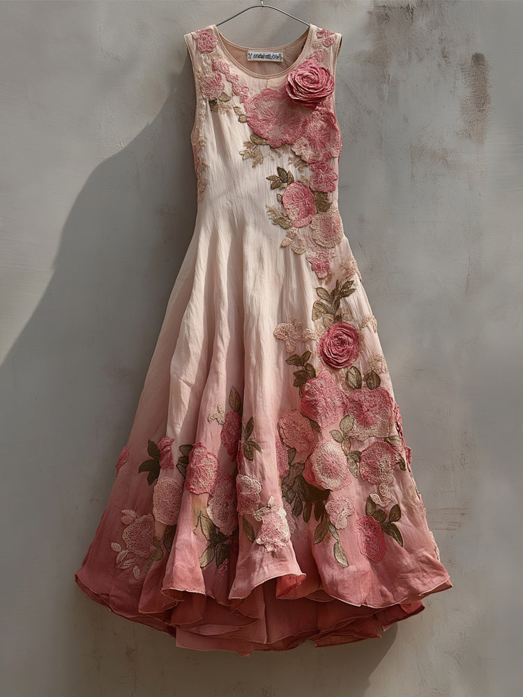 Elegant Pink Rose Embroidered Gradient Linen Maxi Dress artswardrobe