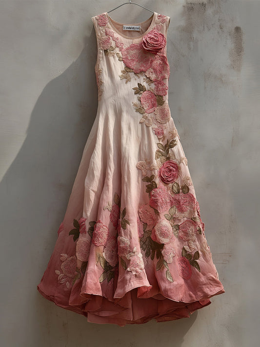 Elegant Pink Rose Embroidered Gradient Linen Maxi Dress artswardrobe