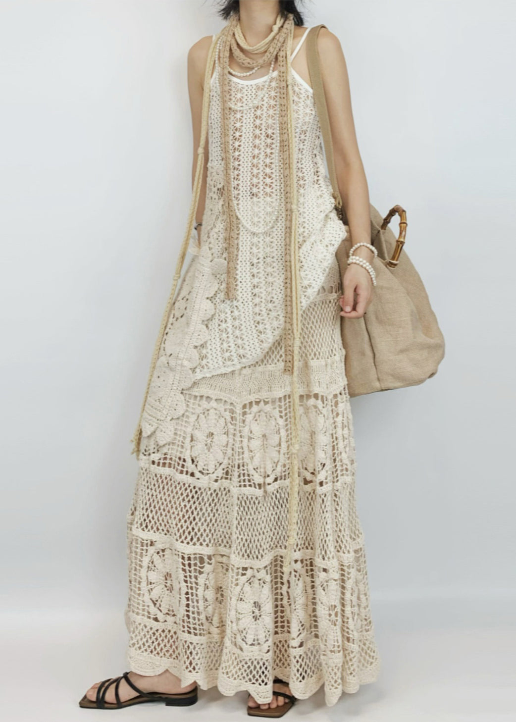 Art Beige Hollow Out Spaghetti Strap Tank and Skirts Knit Two Pieces Set Sleeveless