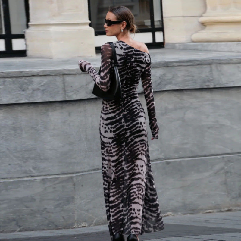 Zebra Pattern Print One Shoulder Design Cotton Long Dress Spring