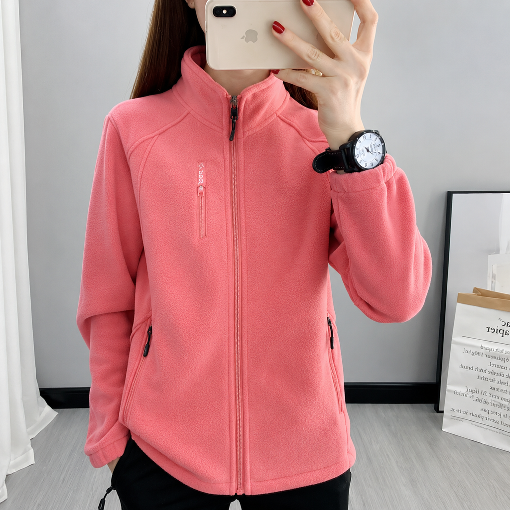 Plush women's outdoor jacket with stand-up collar and long sleeves