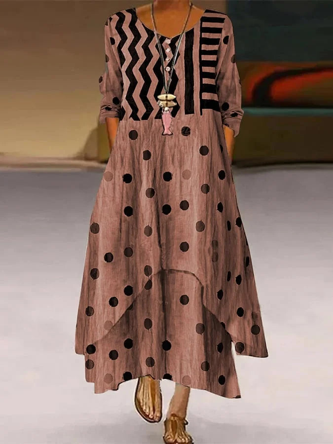 Maxi dress with polka dots and geometric pattern