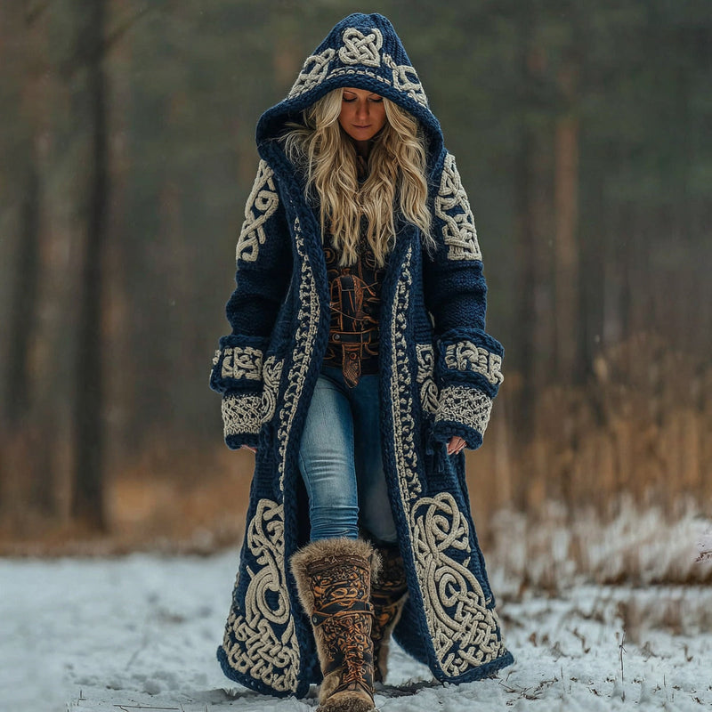 Wool Blend Hooded Long Coat with Celtic Knotwork and Tribal Appliqués
