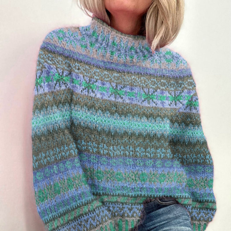 Cotton Knit Sweater with Pastel Marled Stripes and Mock Neck