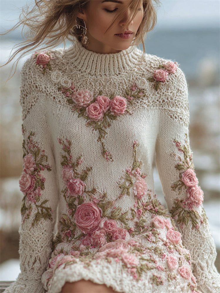 Vintage Pink Floral Lace Embroidered Cozy Knit Sweater Dress artswardrobe