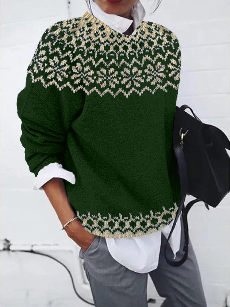 Cotton Pullover with Monochrome Houndstooth Fair Isle Yoke