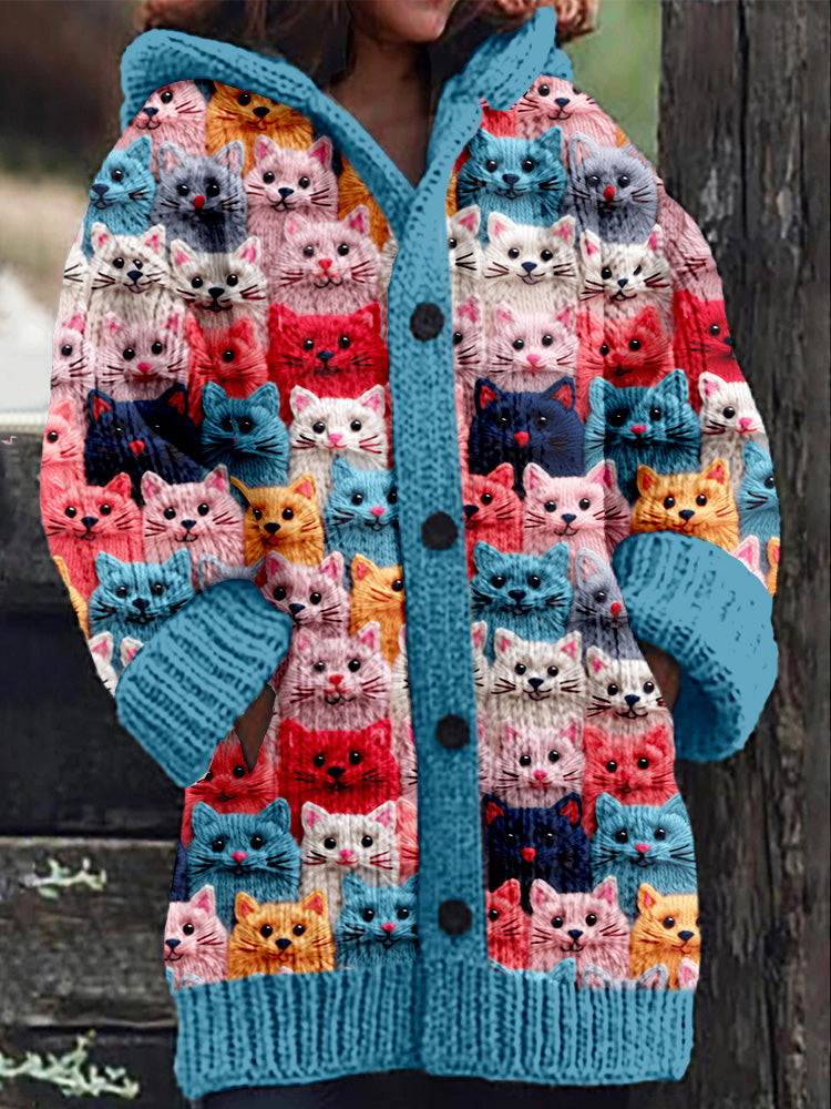 Knitted coat with button placket and playful cat print