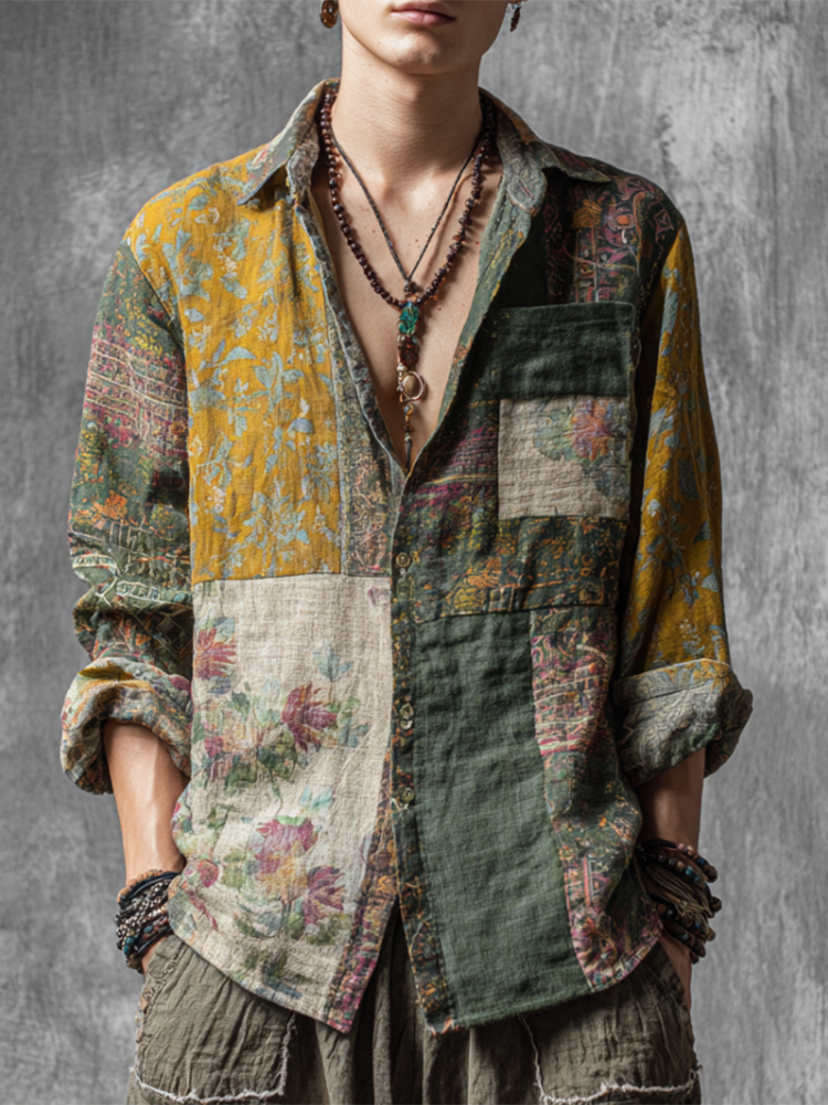 Western Style Bohemian Plant Flower Pattern Color Block Patchwork Retro Cotton And Linen Men's Shirt artswardrobe