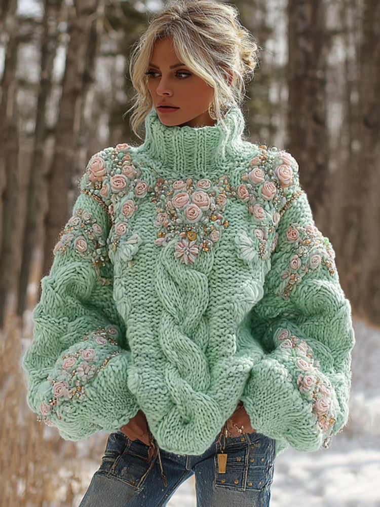 Wool Turtleneck with Cable Knit and Rose Embroidery
