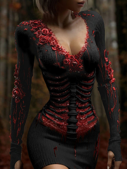 Comstylish Women's Vintage Halloween Skeleton & Rose Art Sweater Dress