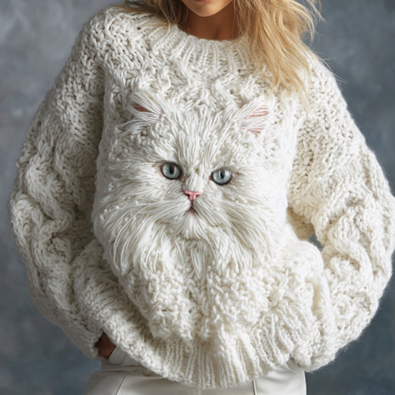 Women's Cute Cat Face Embroidered Cozy Knit Sweater elevenforest