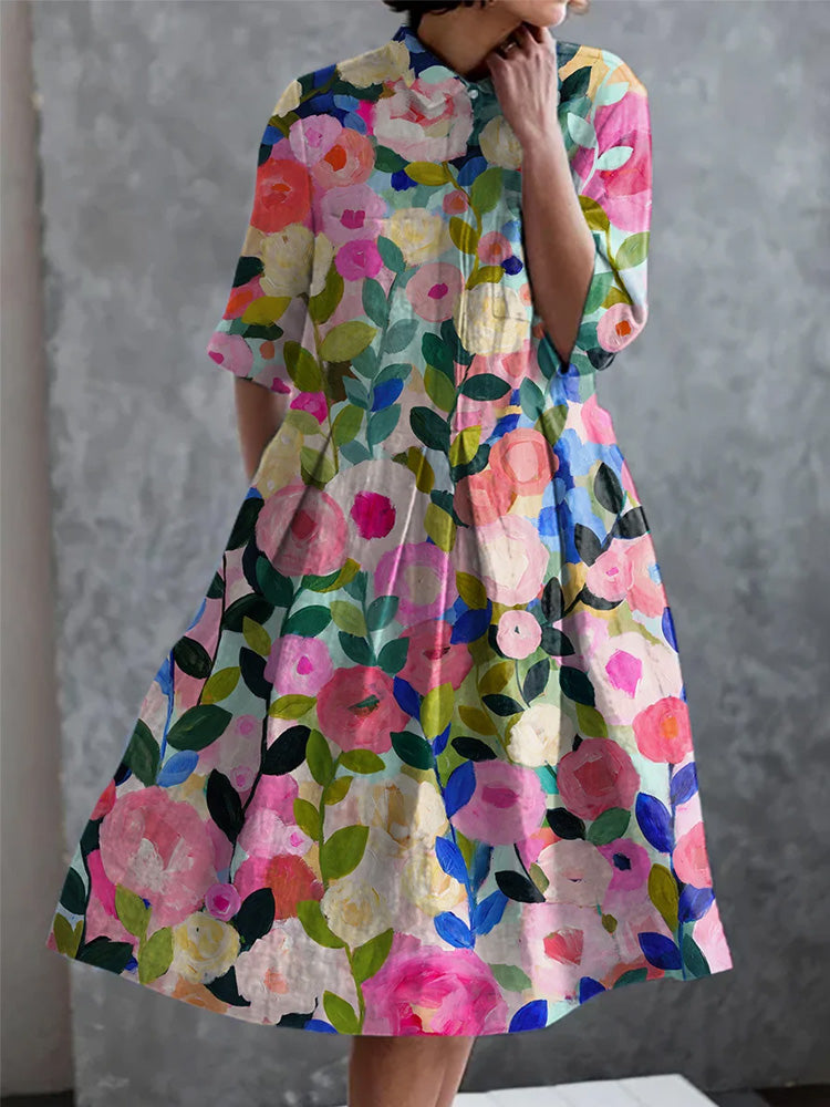 Vintage Colorful Floral Print Pocket Half Sleeve Dress artswardrobe