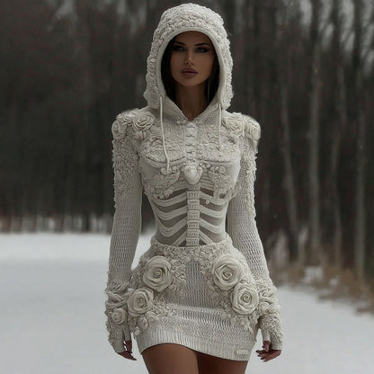 Women's Vintage White Rose And Skull Patchwork Knit Hooded Sweater artswardrobe
