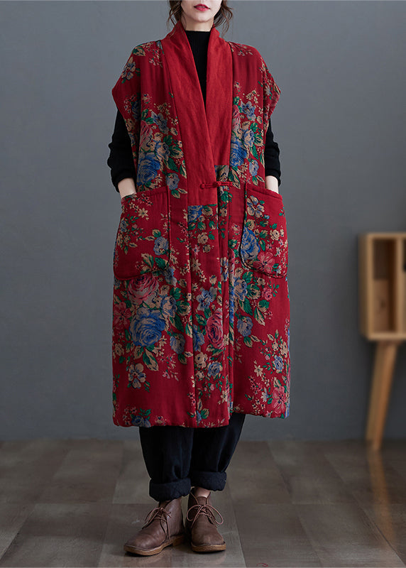 Original Style Red V Neck Print Pockets Fine Cotton Filled Vest Winter