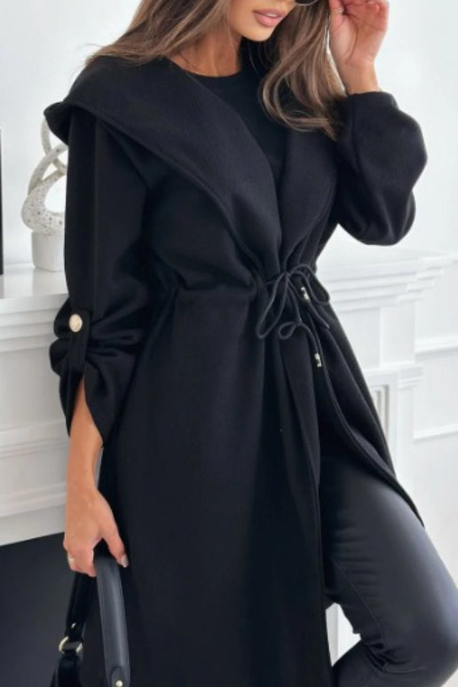 Tie Front Hooded Lapel Long Sleeve Coat