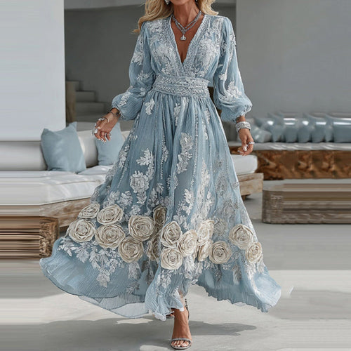 Comstylish Women's Vintage Blue Rose Embroidery Long Sleeve Casual Maxi Dress