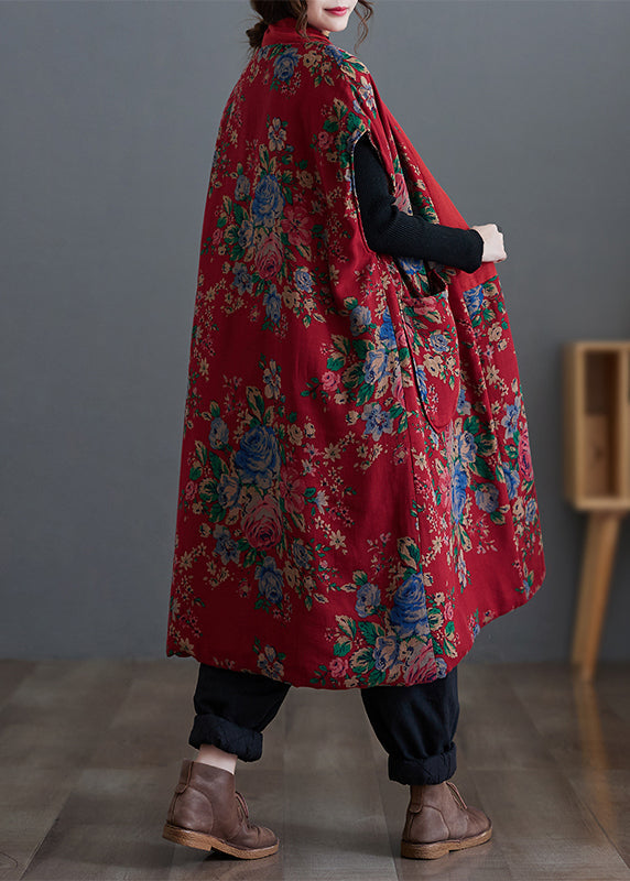 Original Style Red V Neck Print Pockets Fine Cotton Filled Vest Winter