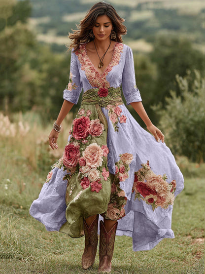 Women's Vintage Floral Art V Neck Linen Blend Maxi Dress artswardrobe