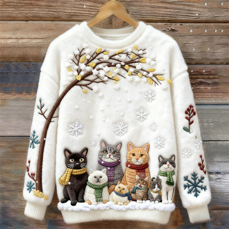 Cotton Sweater with Cats Under Snowy Tree with Scarves