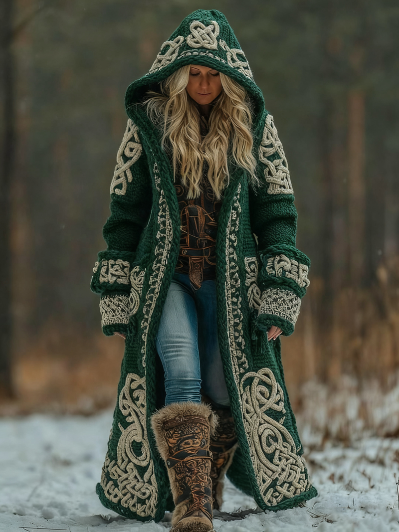 Wool Blend Hooded Long Coat with Celtic Knotwork and Tribal Appliqués