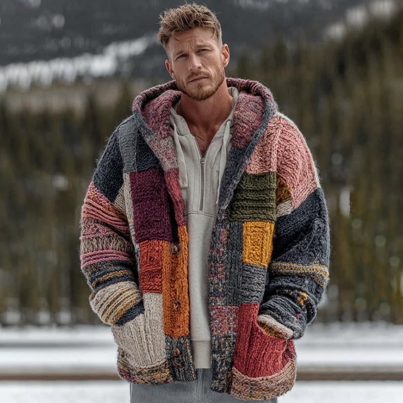 Men's Geometric Block Contrast Knit Button Hooded Sweater artswardrobe