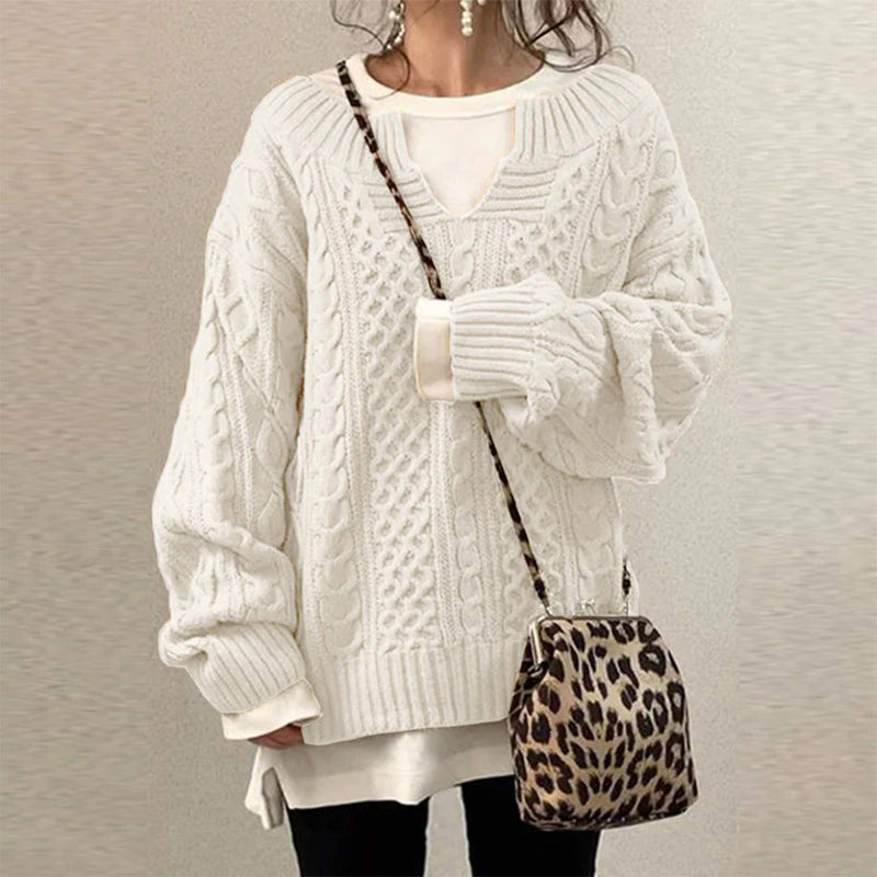 Cotton Cable Knit Sweater with Keyhole Neckline and Mixed Texture Panels