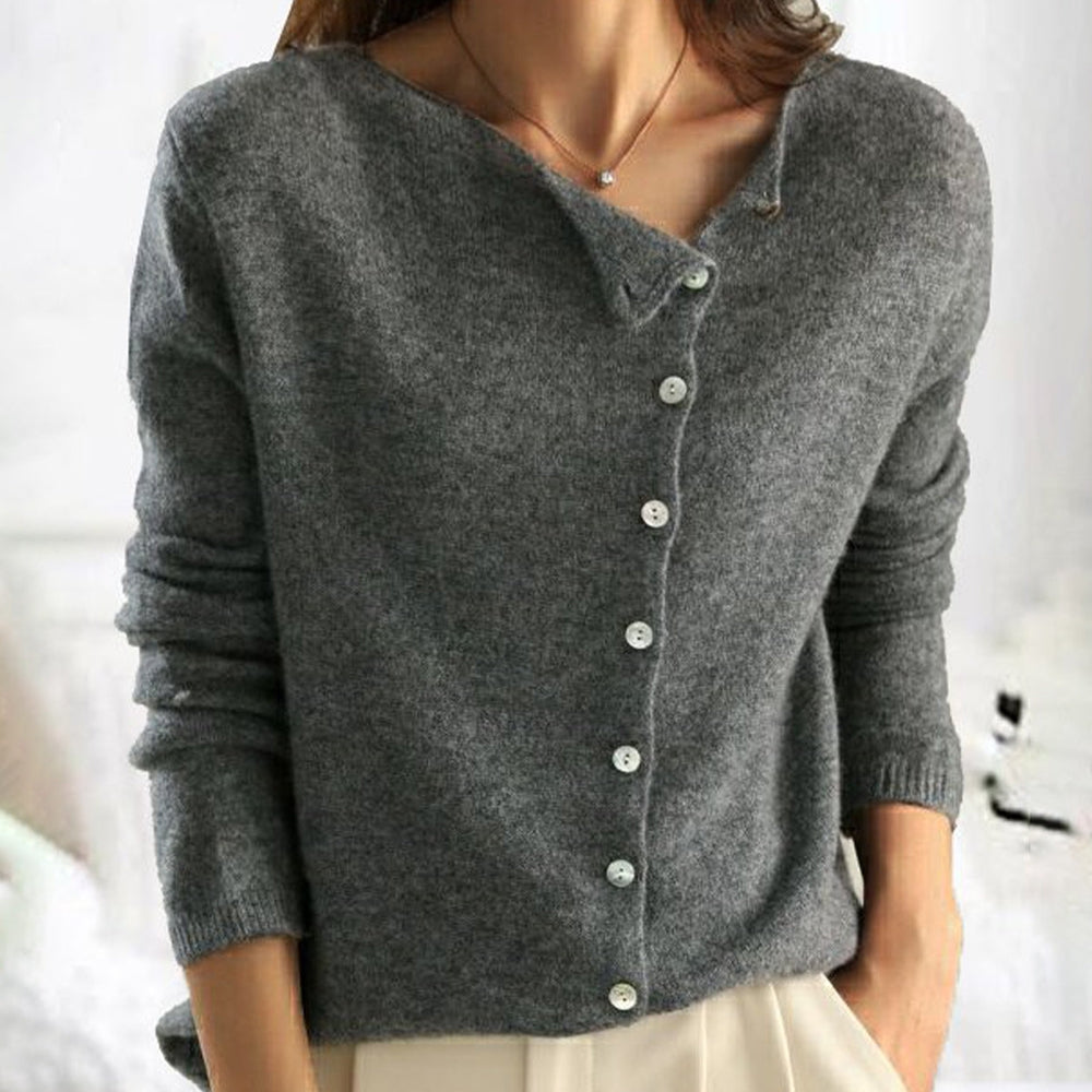 Cotton Cashmere Blend Cardigan with Asymmetric Button Closure in Charcoal