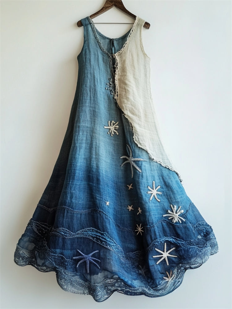 Starfish Embroidered Sea Waves Lace Patchwork Flowy Linen Dress artswardrobe