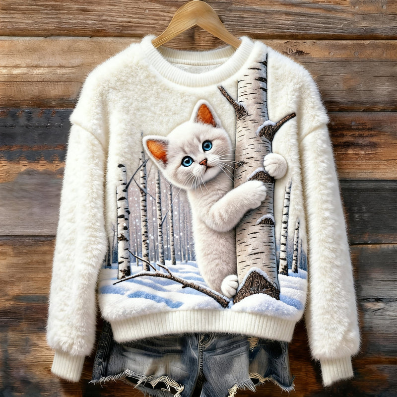 Cotton Sweater with White Cat and Birch Tree