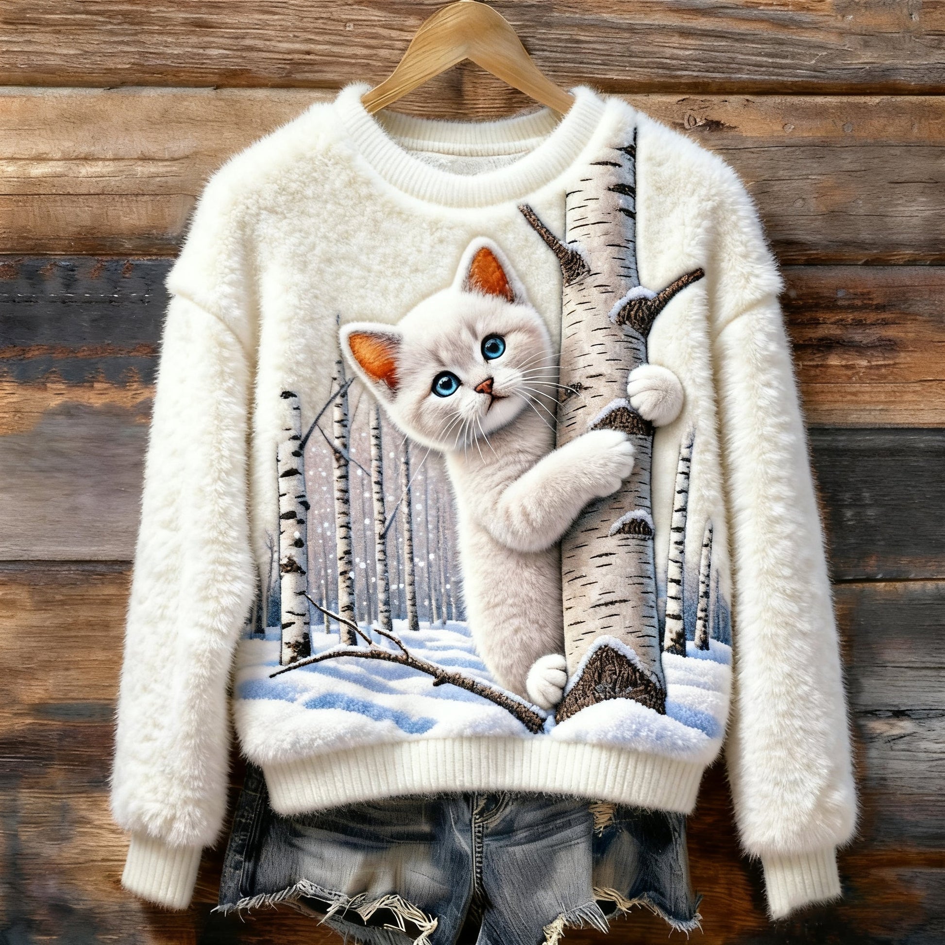 Comstylish Christmas Cat Art Women's Cozy Plush Sweater
