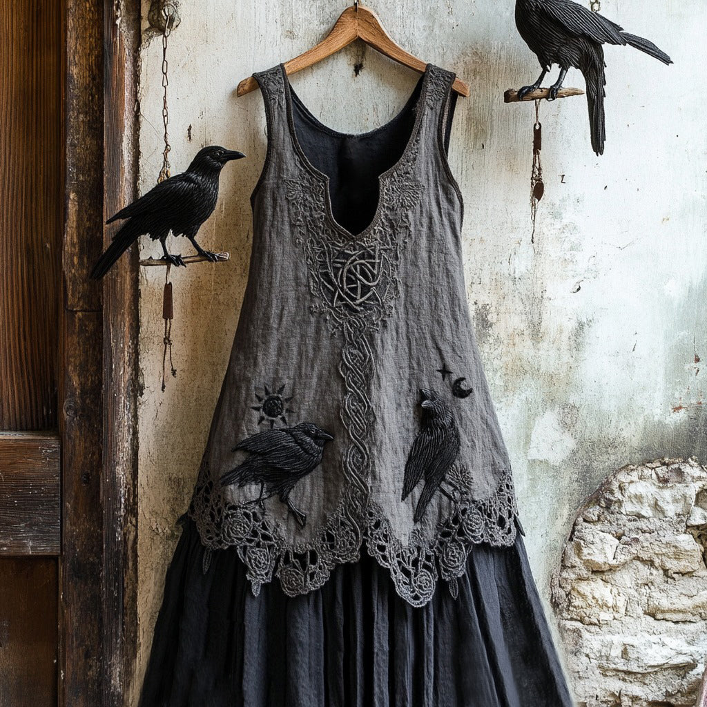 Women's Tribal Raven Embroidery Celtic Lace Art Tank Dress artswardrobe