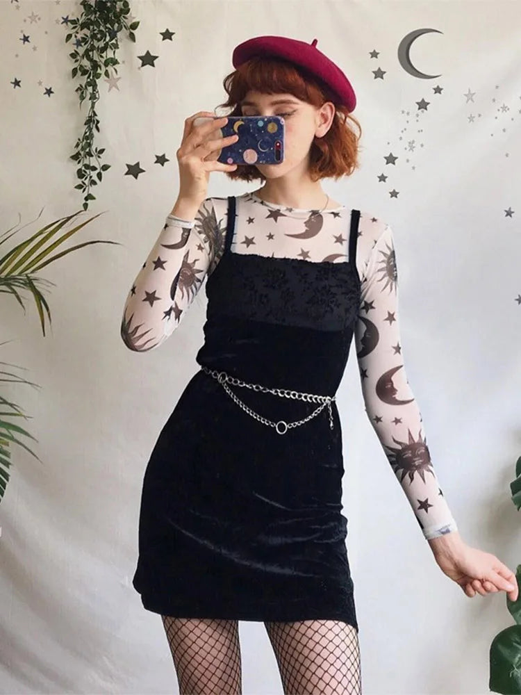 Sun Moon Printed Transparent Mesh T-shirt O-neck Long Sleeve Slim Basic Female Tops Spring New