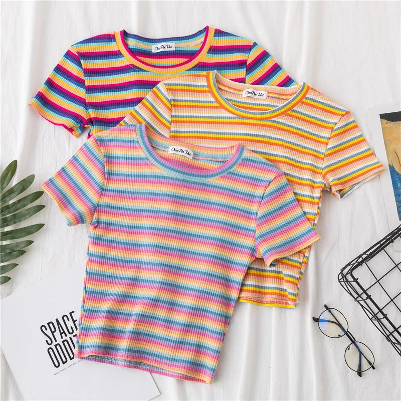 New T Shirt Rainbow Striped Tops Slim Fit T Shirt Harajuku Tshirt Summer Short Sleeve Korean T-shirt Feminina Clothes Tops