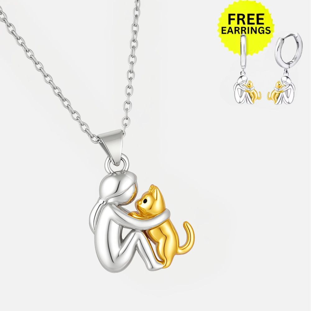 Cat Hug Pendant Necklace With Bonus Earrings ��� Offer