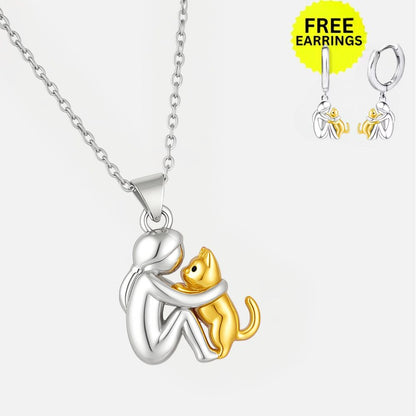 Cat Hug Pendant Necklace With Bonus Earrings ��� Offer