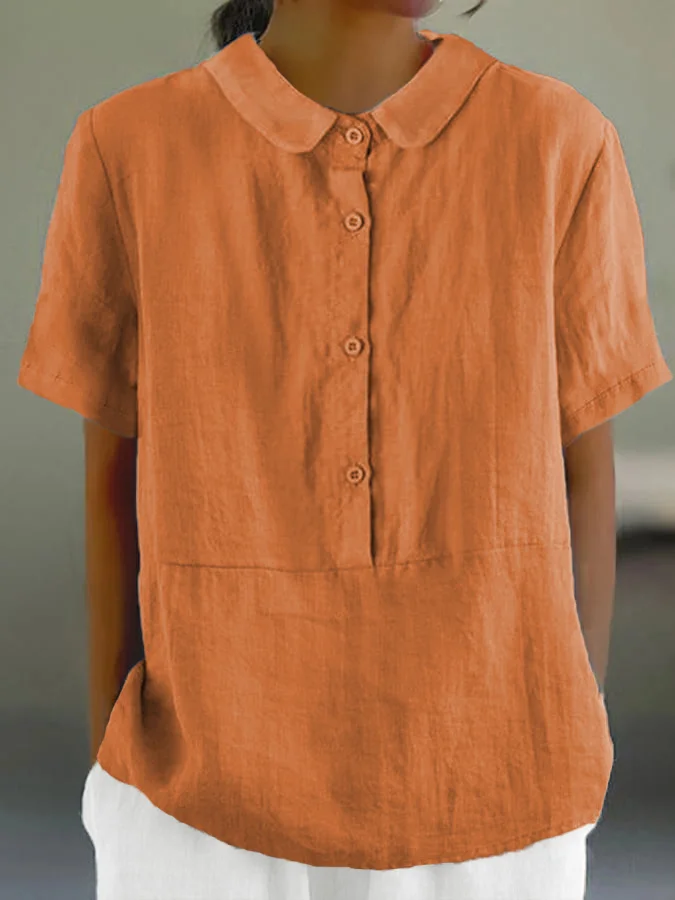 KS | Santorini - Women's plain-colored casual shirt with a round neckline and buttons.