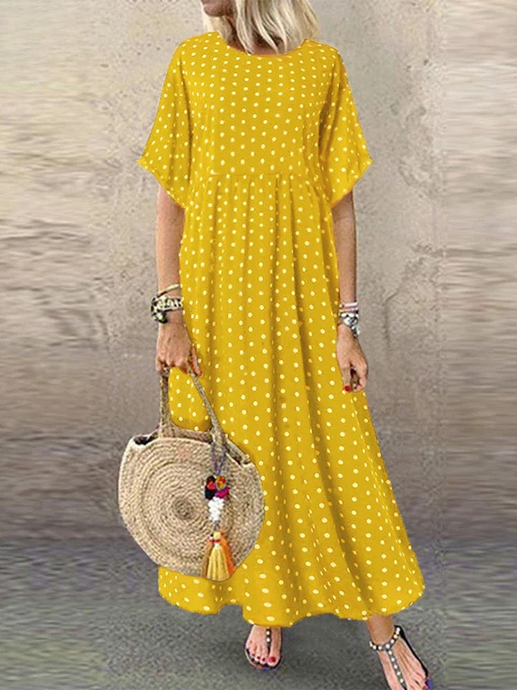 Polka Dot Women's Midi Bohemian Holiday Dress Short Sleeve O-Neck Long Vintage Casual A-Line Dress Summer Vestidos