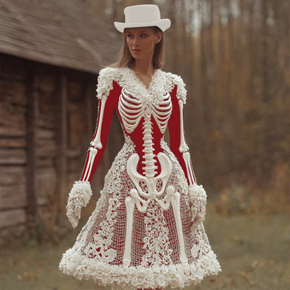 Comstylish Women's Halloween Skeleton And Rose Lace V-neck Dress