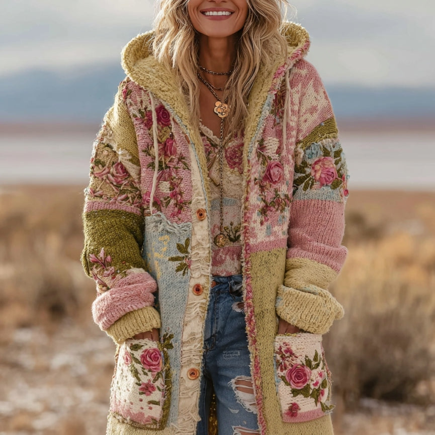 Women's Vintage Patchwork Floral Art Cozy Knit Hooded Cardigan