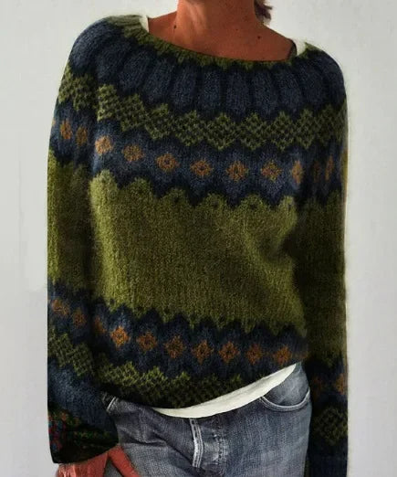 Cotton Pullover with Olive Green Fair Isle Pattern