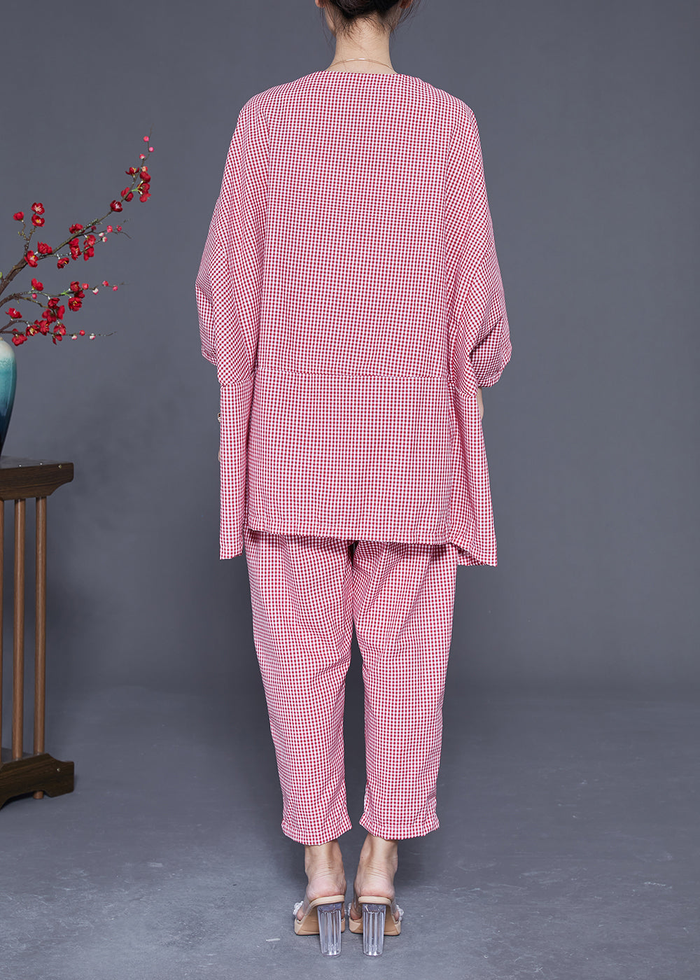 Red Oversized Plaid Low High Design Cotton Two Pieces Set Batwing Sleeve