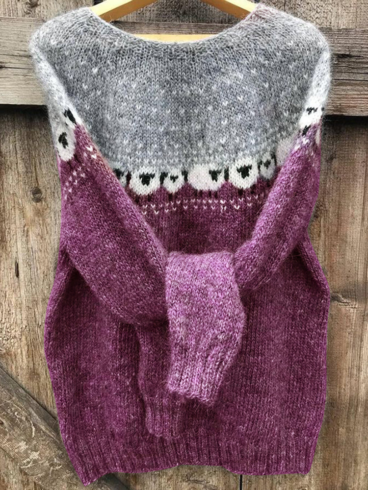 Cotton Sweater with Grazing Sheep Pattern