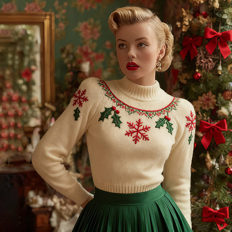 Cotton Sweater with Snowman and Holiday Foliage Embroidery